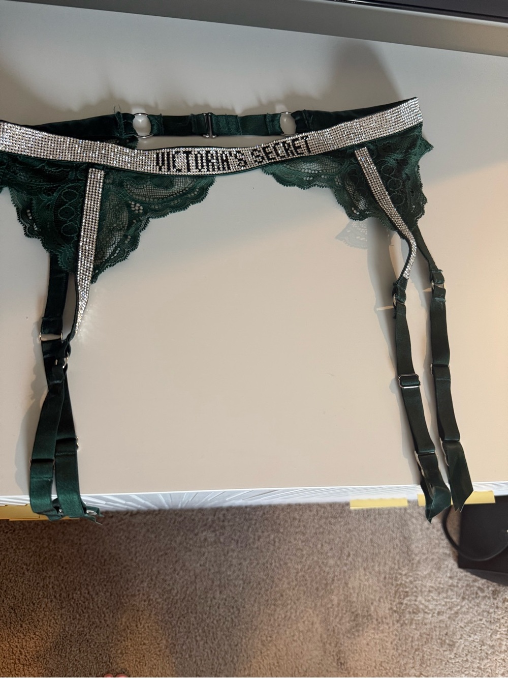 Victoria's Secret Emerald Green Lace Garter Belt with Crystal Band